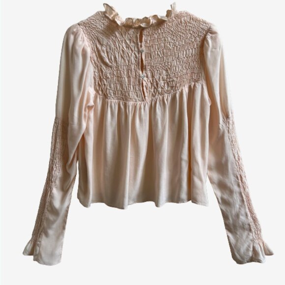 Free People Smocked Yoke Blouse Pink Coral XS Boho Peasant Top Long Sleeve - Picture 7 of 9